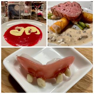 Gut gegessen wird natrlich auch. Der erste Gang: Blutsuppe mit Eiter. Der Hauptgang: Rosa gebratenes Roastbeef mit Kroketten, Pilzrahmsoe und Bohnen im Speckmantel. Max musste seine Zhne zum Essen allerdings rausnehmen...